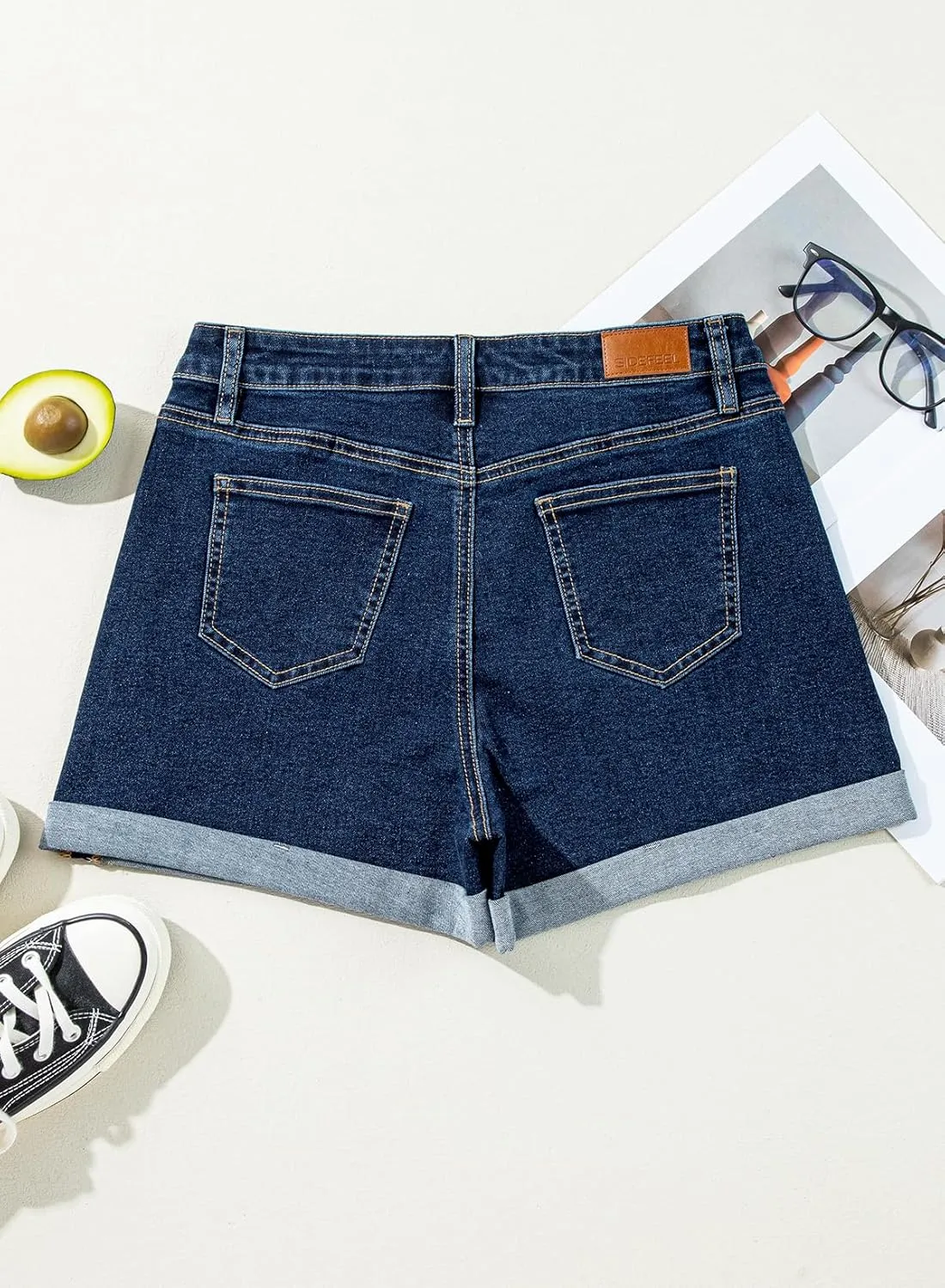 Sidefeel Women's Jean Shorts High Waisted Stretchy Casual Rolled Hem Zimbaplatinum Denim Shorts