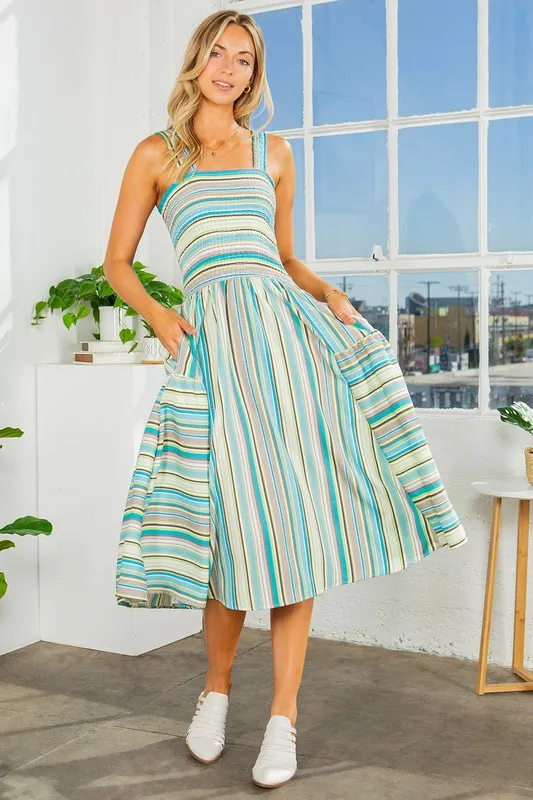 Smocked Stripe Midi Dress with Pocket