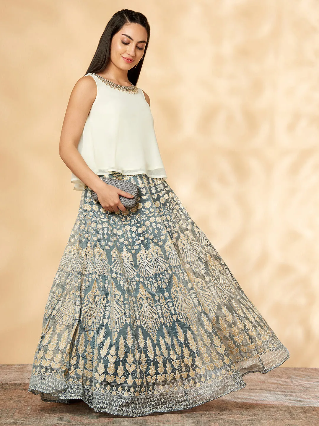 Stylish & Elegant Gold printed Lehenga with Top