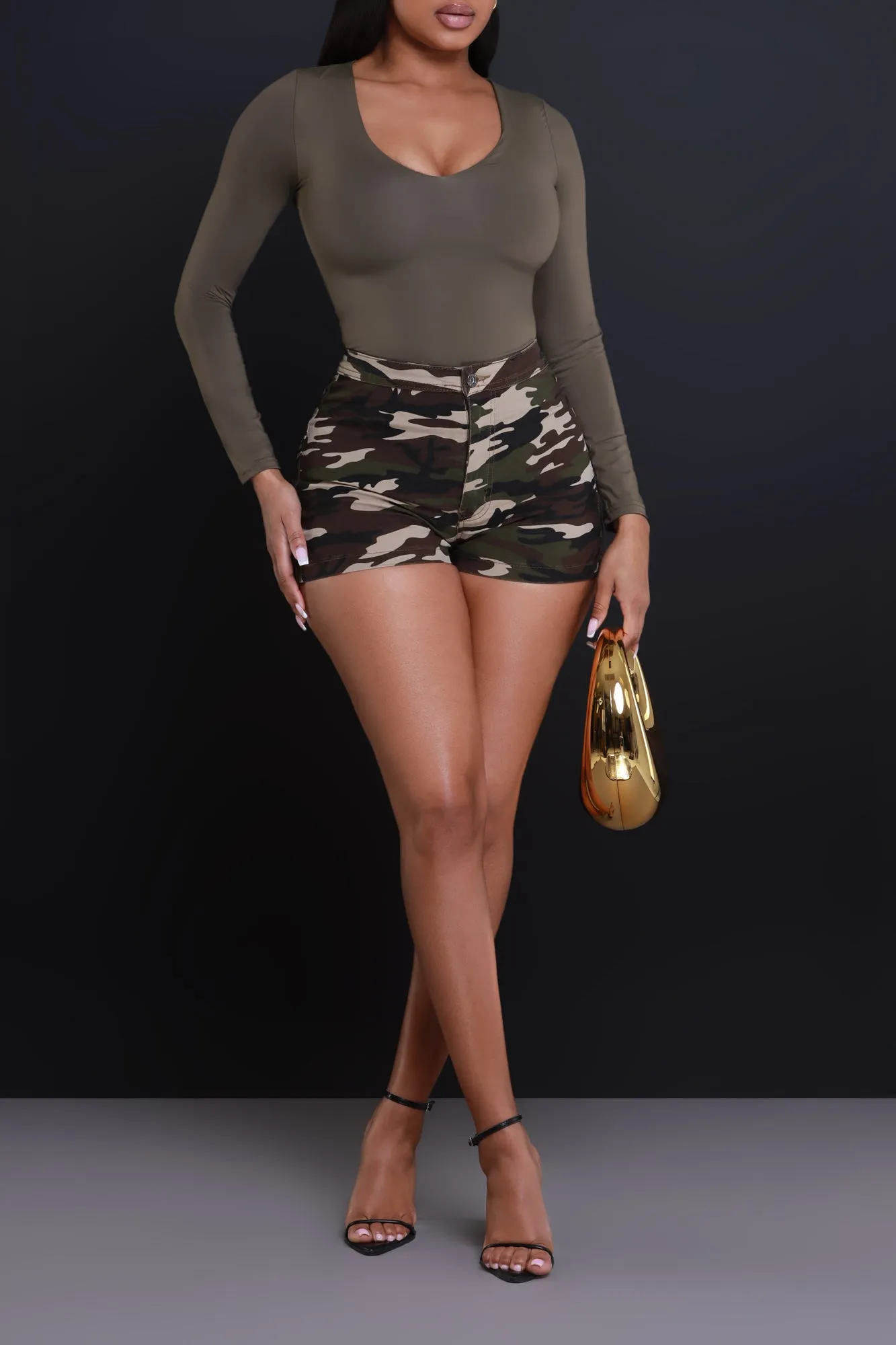 Super Swank High Waist Stretchy Shorts - Dark Camo