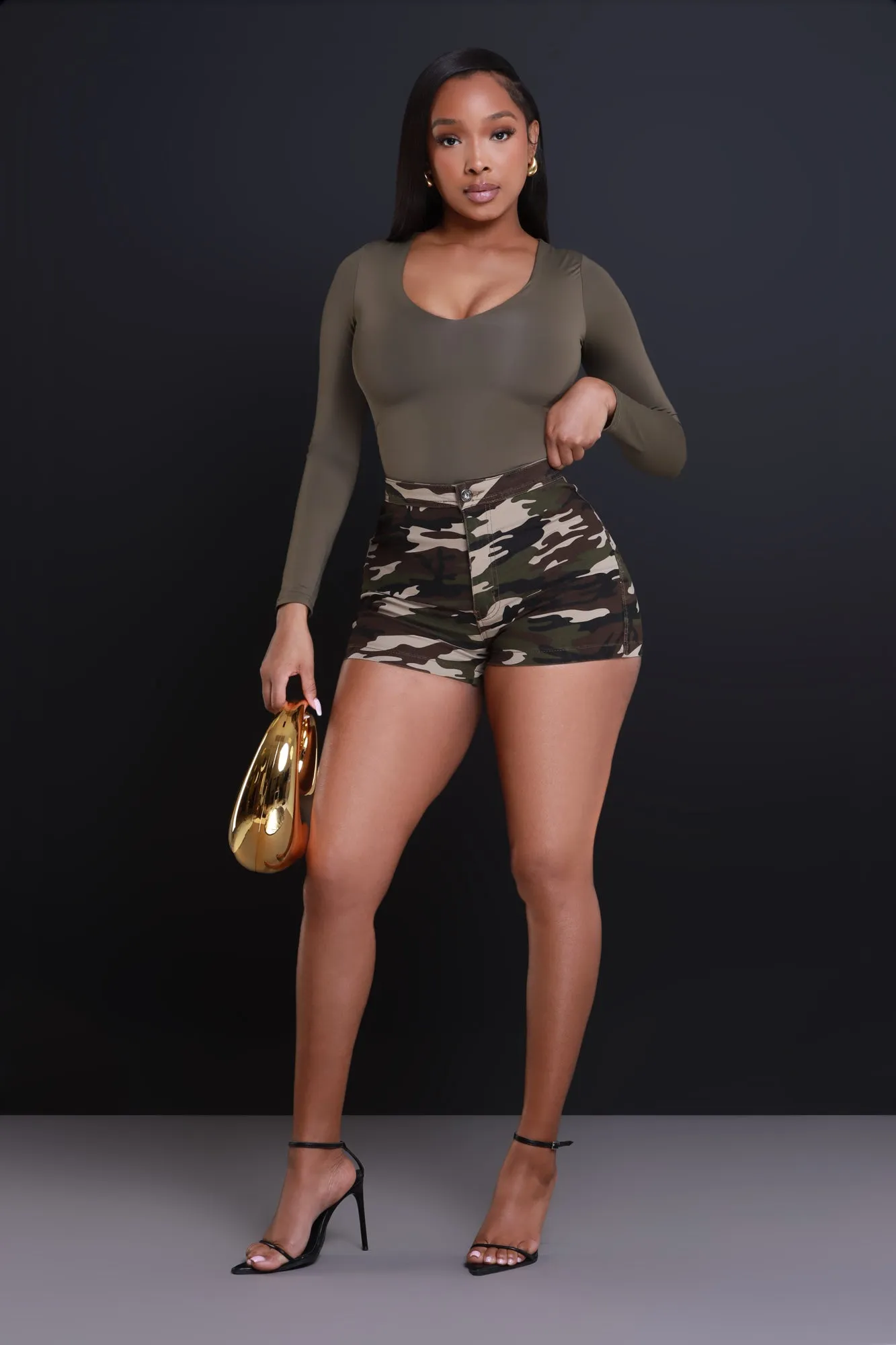 Super Swank High Waist Stretchy Shorts - Dark Camo