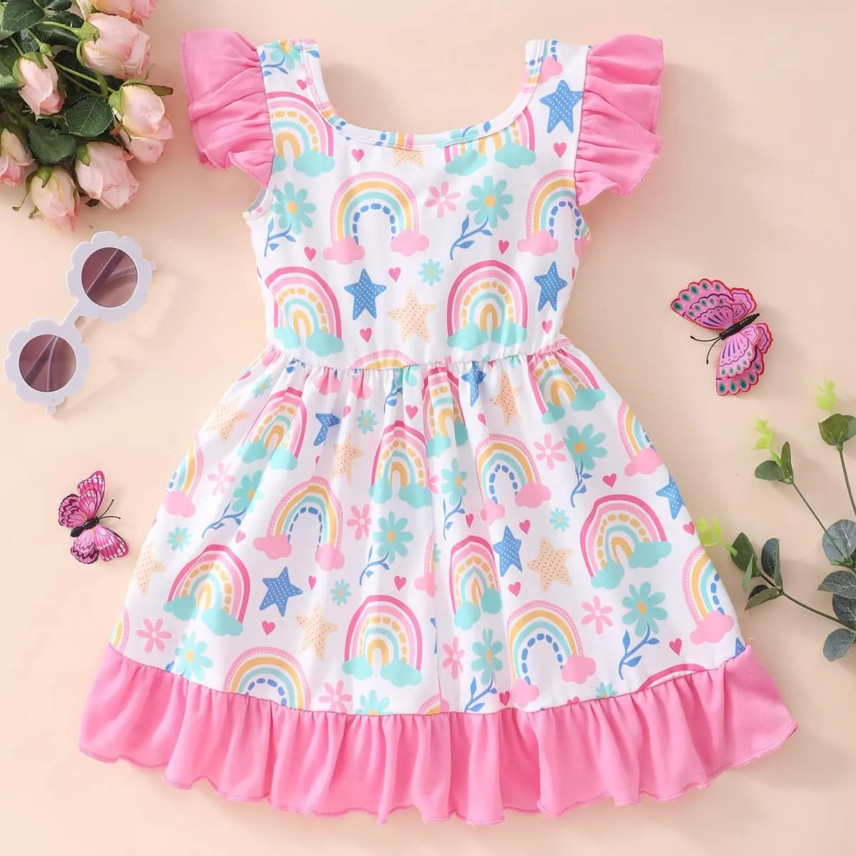 Toddler Girl Dresses Flutter Sleeve Summer Clothes School Outfit Girls Casual Swing Ruffle Dress 1-7 Years