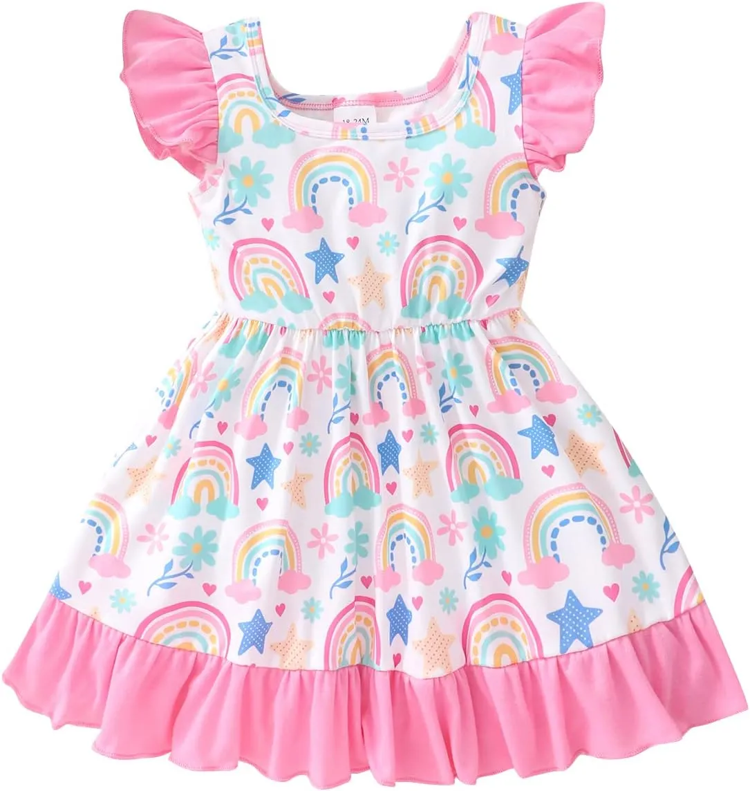 Toddler Girl Dresses Flutter Sleeve Summer Clothes School Outfit Girls Casual Swing Ruffle Dress 1-7 Years