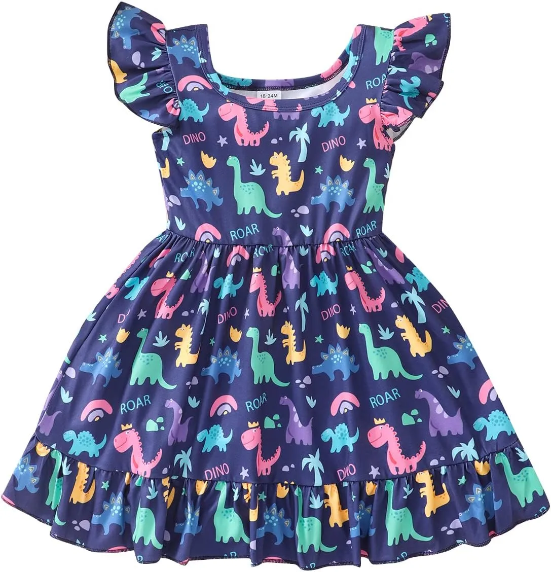 Toddler Girl Dresses Flutter Sleeve Summer Clothes School Outfit Girls Casual Swing Ruffle Dress 1-7 Years