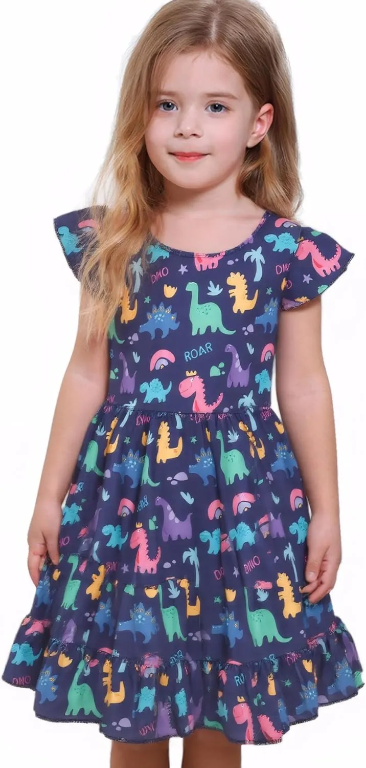 Toddler Girl Dresses Flutter Sleeve Summer Clothes School Outfit Girls Casual Swing Ruffle Dress 1-7 Years