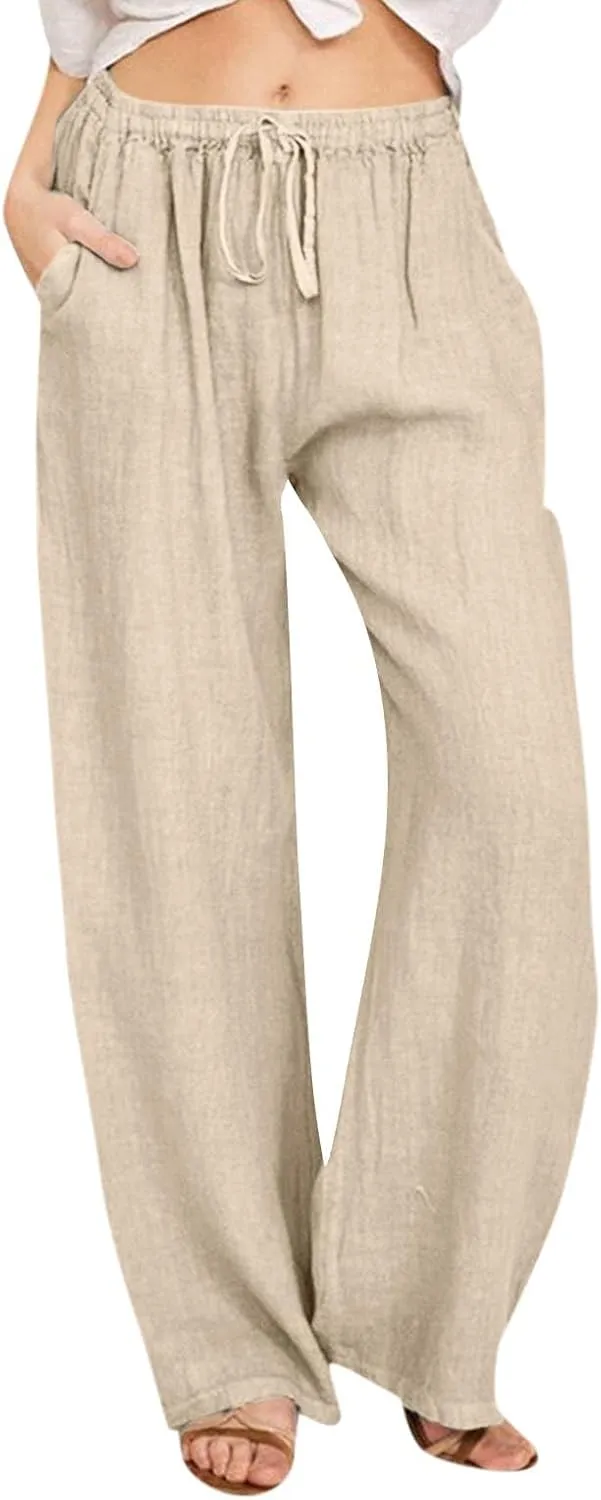 Wide Leg Linen Pants for Women Summer Boho High Waisted Palazzo Pants Lightweight Baggy Comfy Beach Pants with Pocket