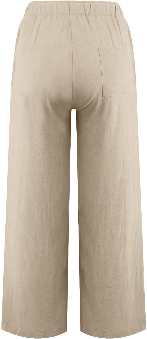 Wide Leg Linen Pants for Women Summer Boho High Waisted Palazzo Pants Lightweight Baggy Comfy Beach Pants with Pocket