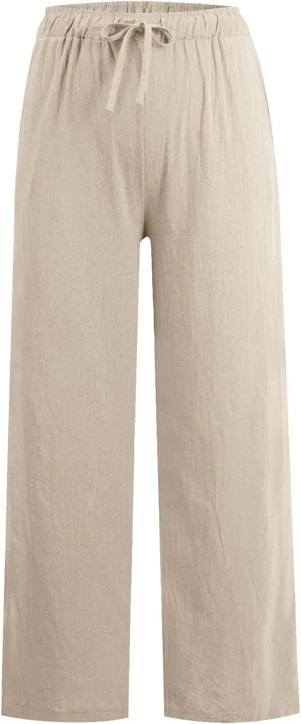 Wide Leg Linen Pants for Women Summer Boho High Waisted Palazzo Pants Lightweight Baggy Comfy Beach Pants with Pocket