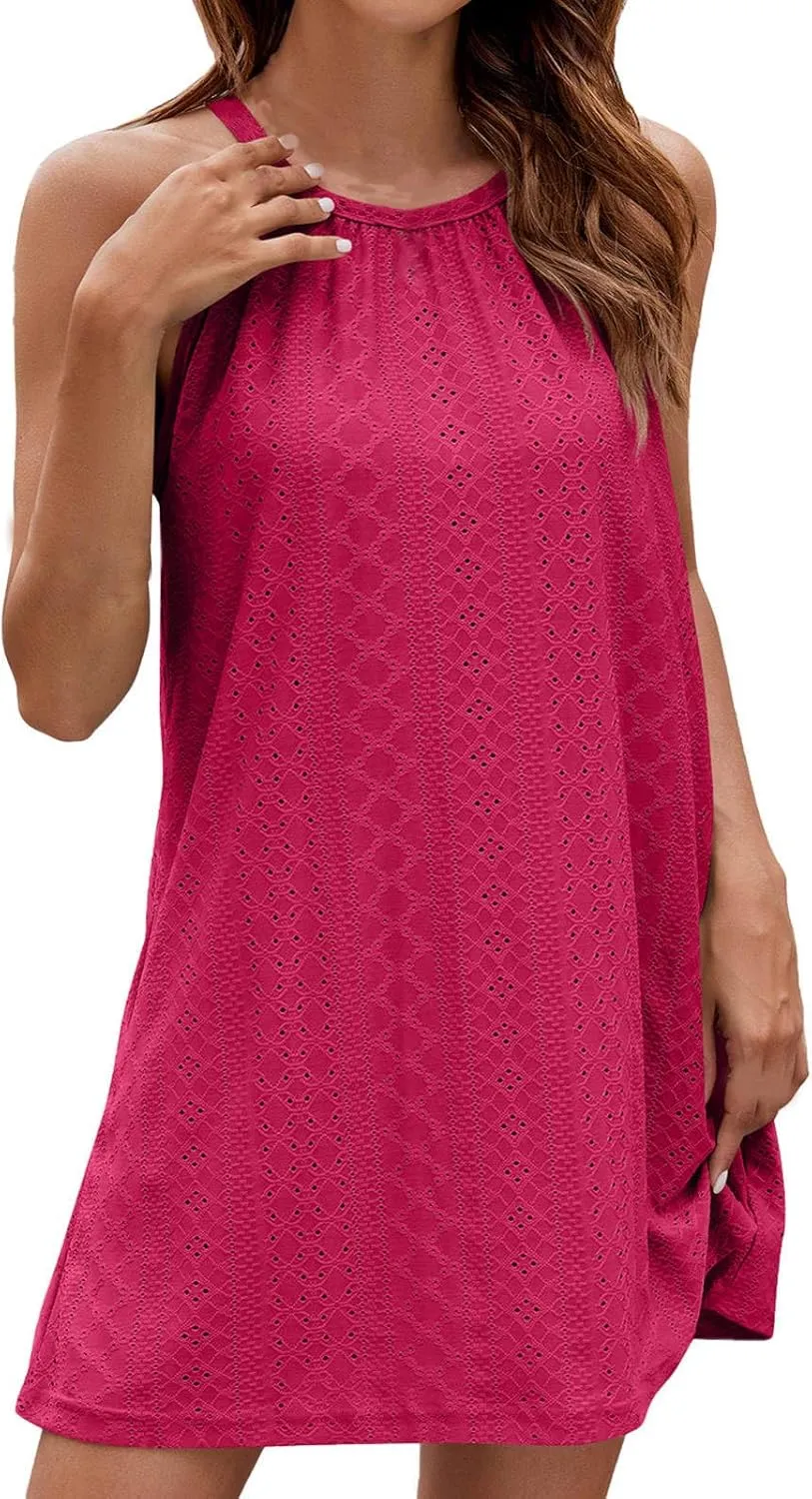 Women Eyelet Hollow Out Breathable Summer Short Dress, Halter Off Shoulder Beach Vacation Sundress Thin Comfy Dresses