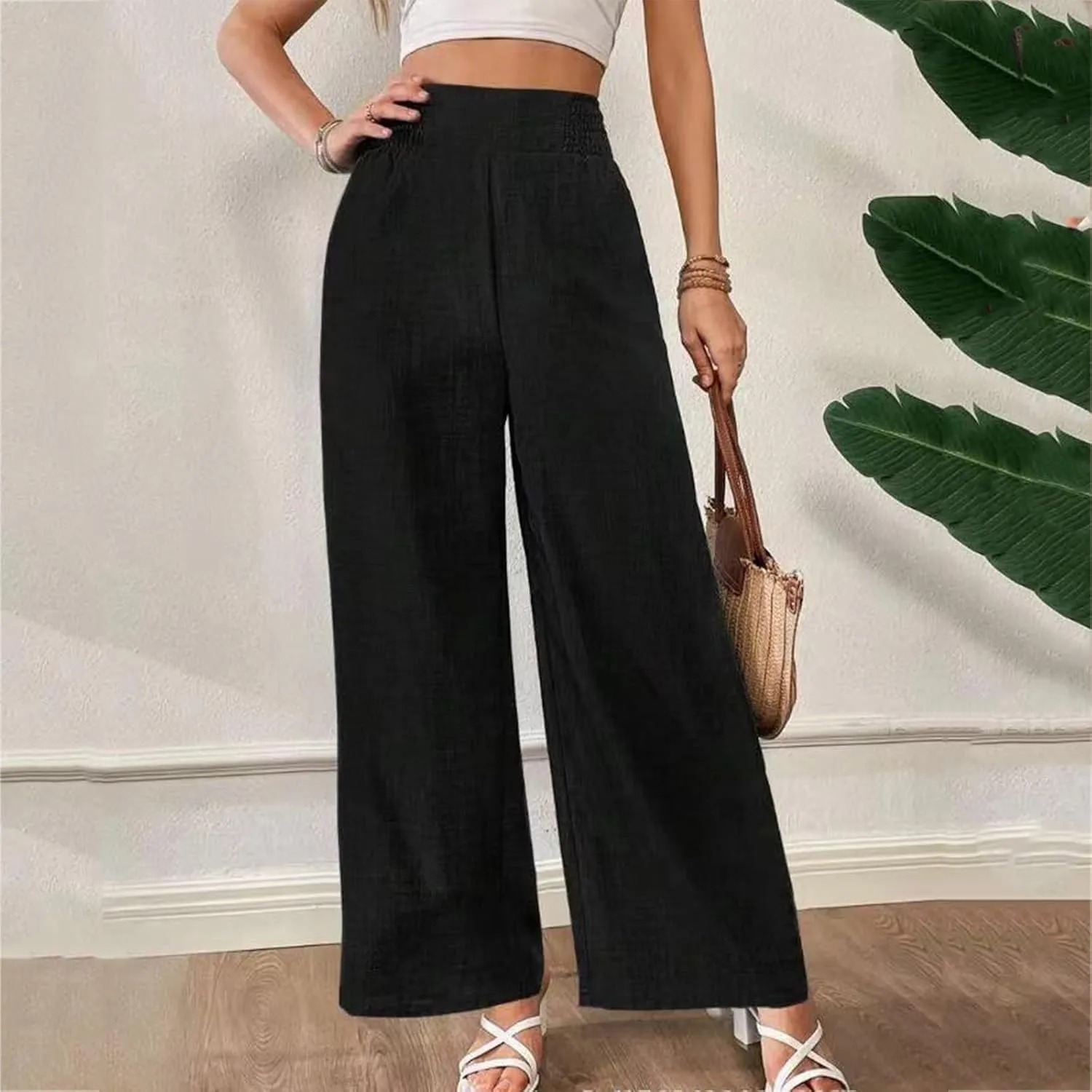 Women Linen Pants Elastic Waist High Waisted Pants Solid Color Straight Leg Trousers Summer 2025 Casual Clothes