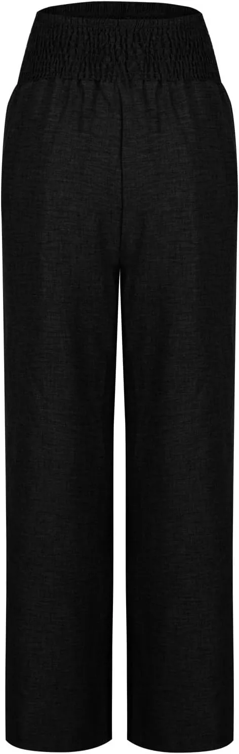 Women Linen Pants Elastic Waist High Waisted Pants Solid Color Straight Leg Trousers Summer 2025 Casual Clothes