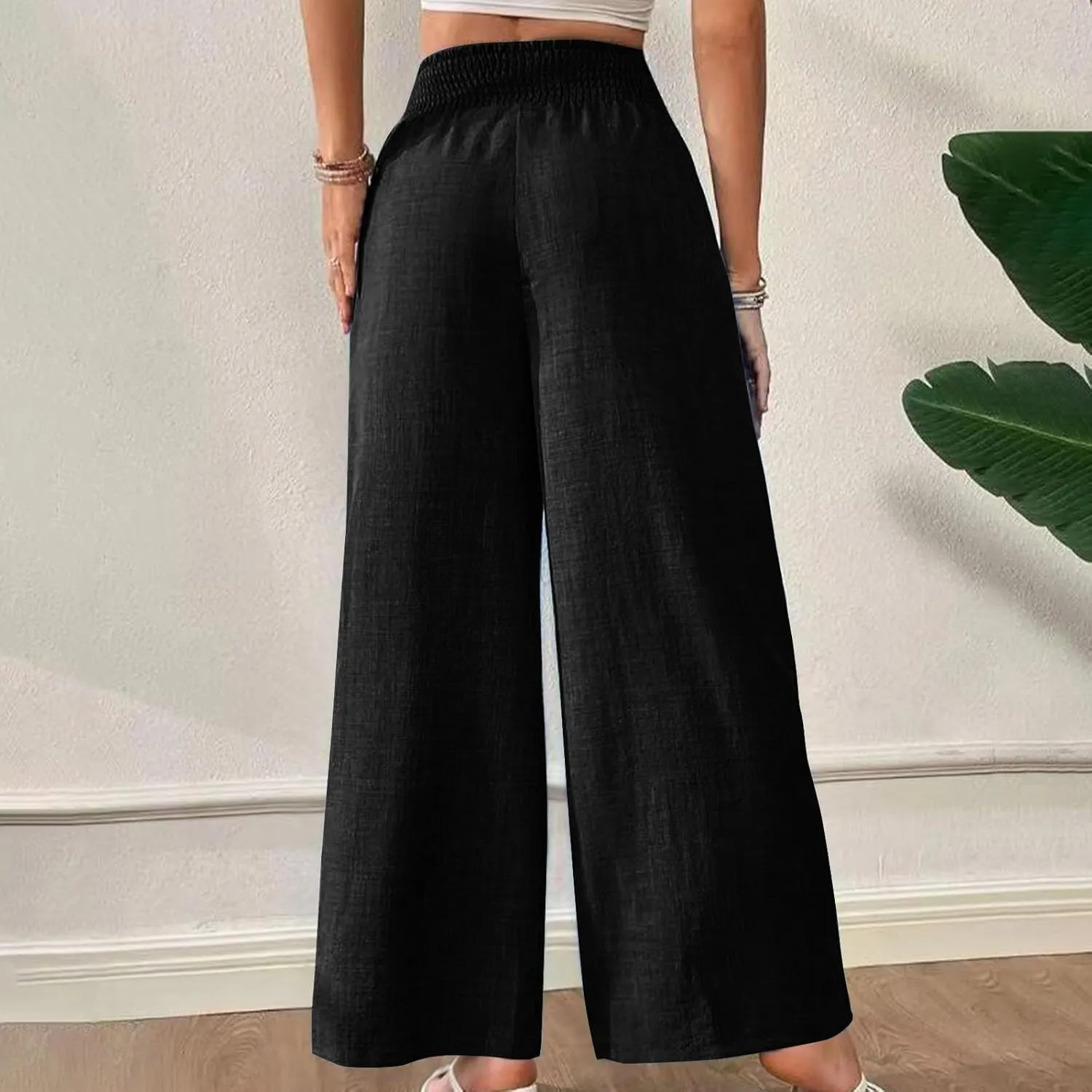 Women Linen Pants Elastic Waist High Waisted Pants Solid Color Straight Leg Trousers Summer 2025 Casual Clothes