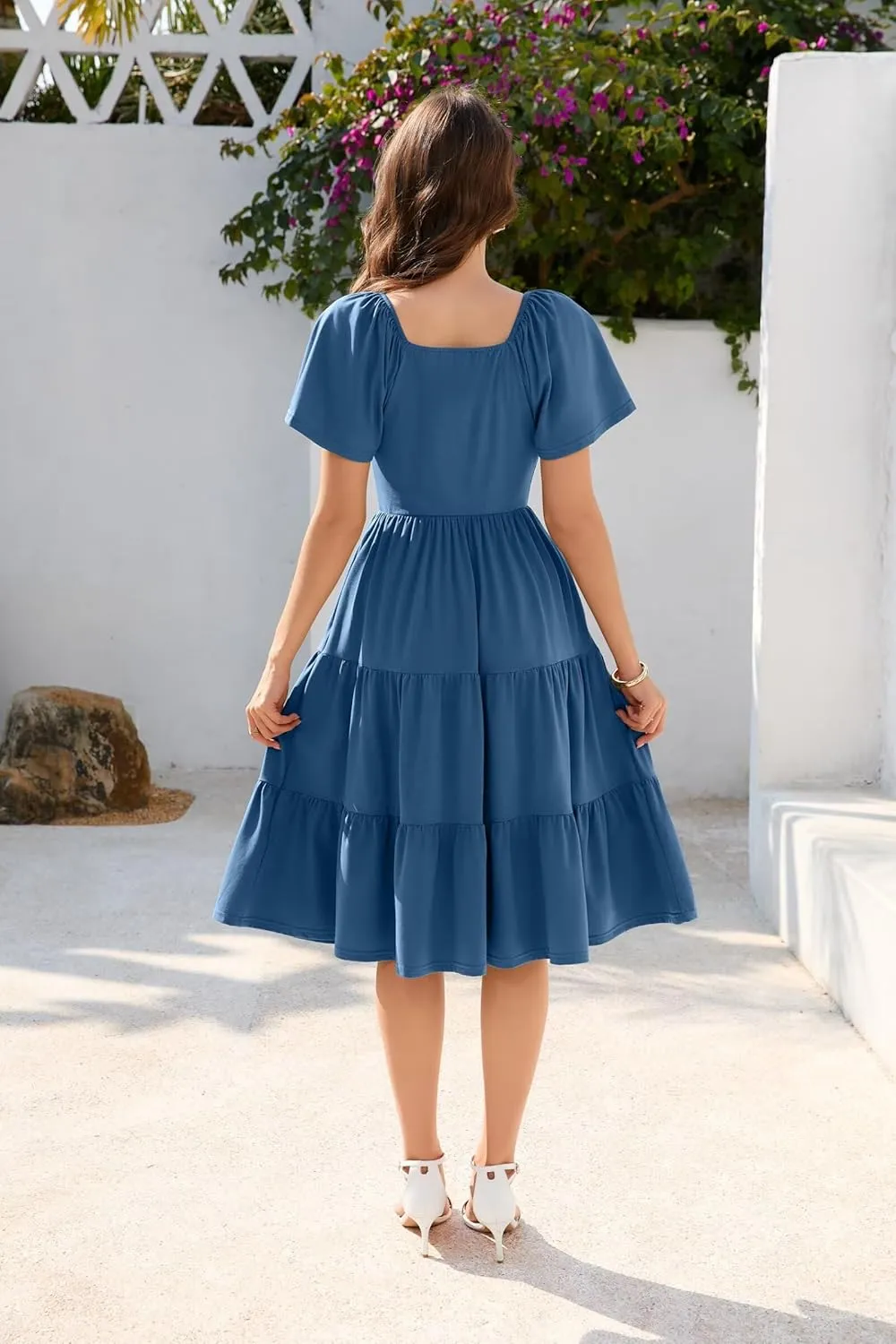 Women Spring Summer Dress 2025 Short Sleeve V Neck Midi Dresses Breathable Cotton Casual Boho Beach Vacation Sundress