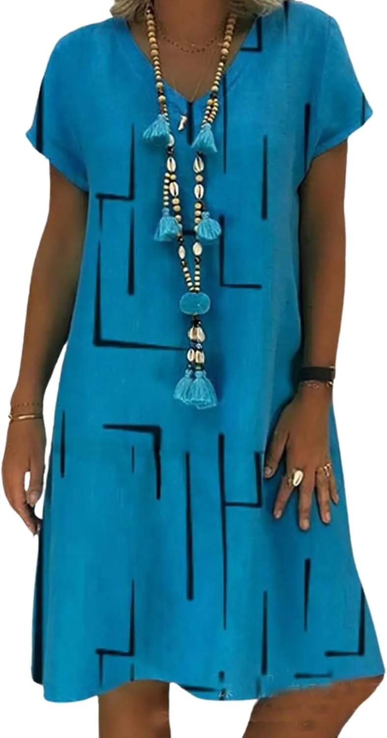 Womens Boho Floral Dresses Summer Casual V Neck Short Sleeve Midi Dresses Flowy Swing Knee Length Beach Sundress