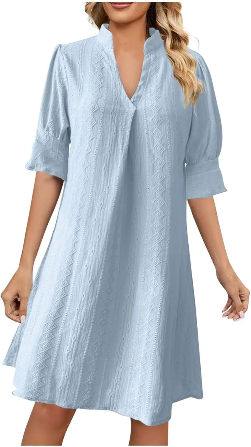 Womens Casual Loose Short Dress Summer Fashion V Neck Puff Sleeve Lightweight Breathable Beach Lounge Dresses