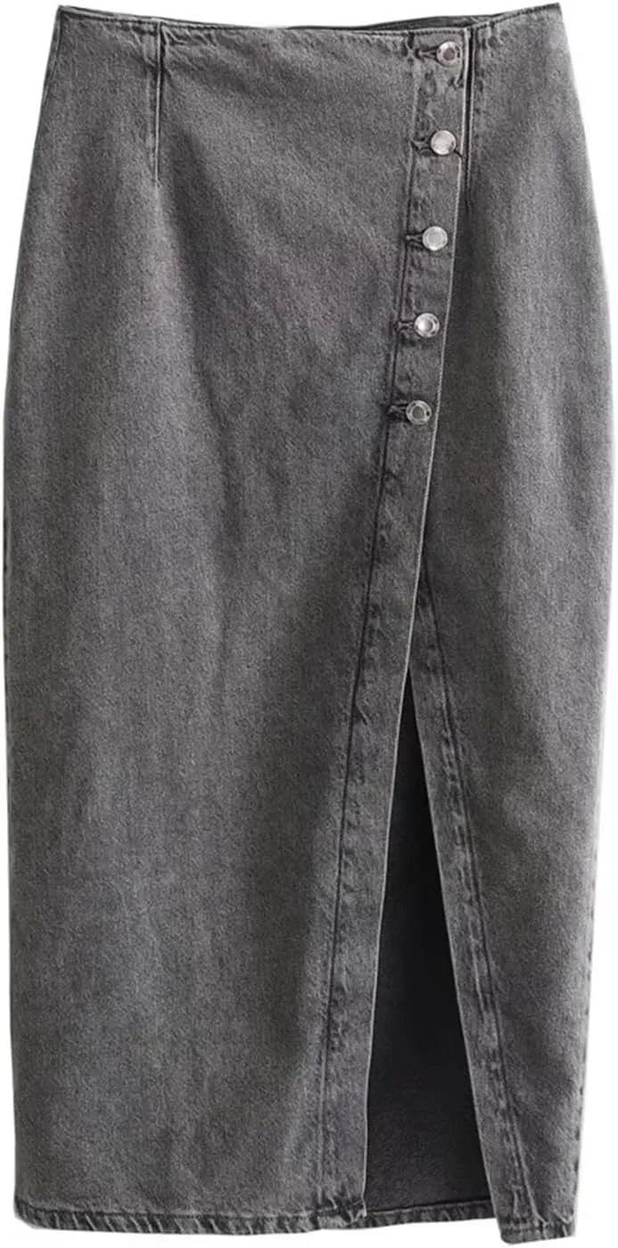 Women's Denim Midi Skirt  High Waist Button Front with Side Slit Stylish Casual Jean Skirt for Daily Wear