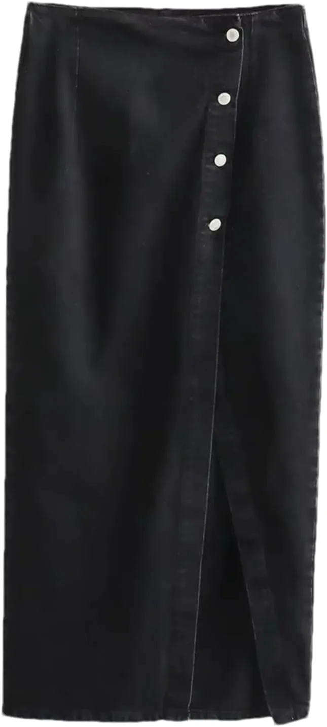 Women's Denim Midi Skirt  High Waist Button Front with Side Slit Stylish Casual Jean Skirt for Daily Wear
