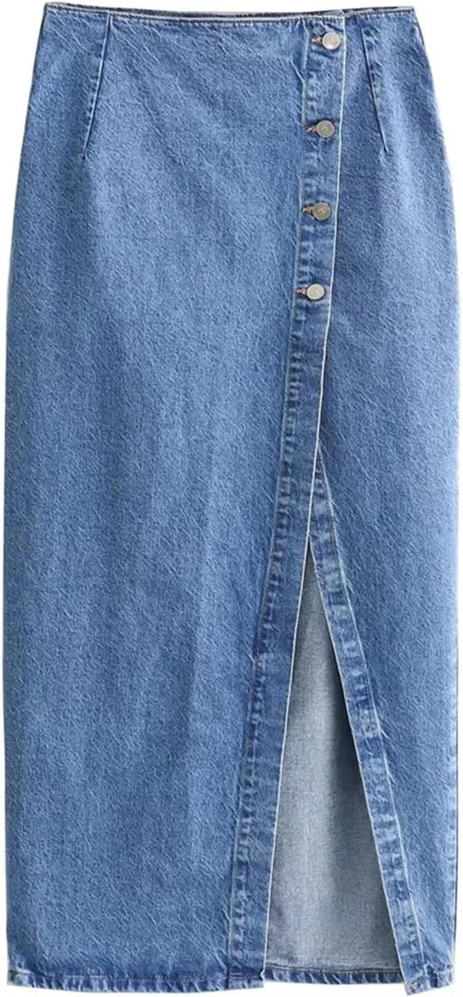 Women's Denim Midi Skirt  High Waist Button Front with Side Slit Stylish Casual Jean Skirt for Daily Wear