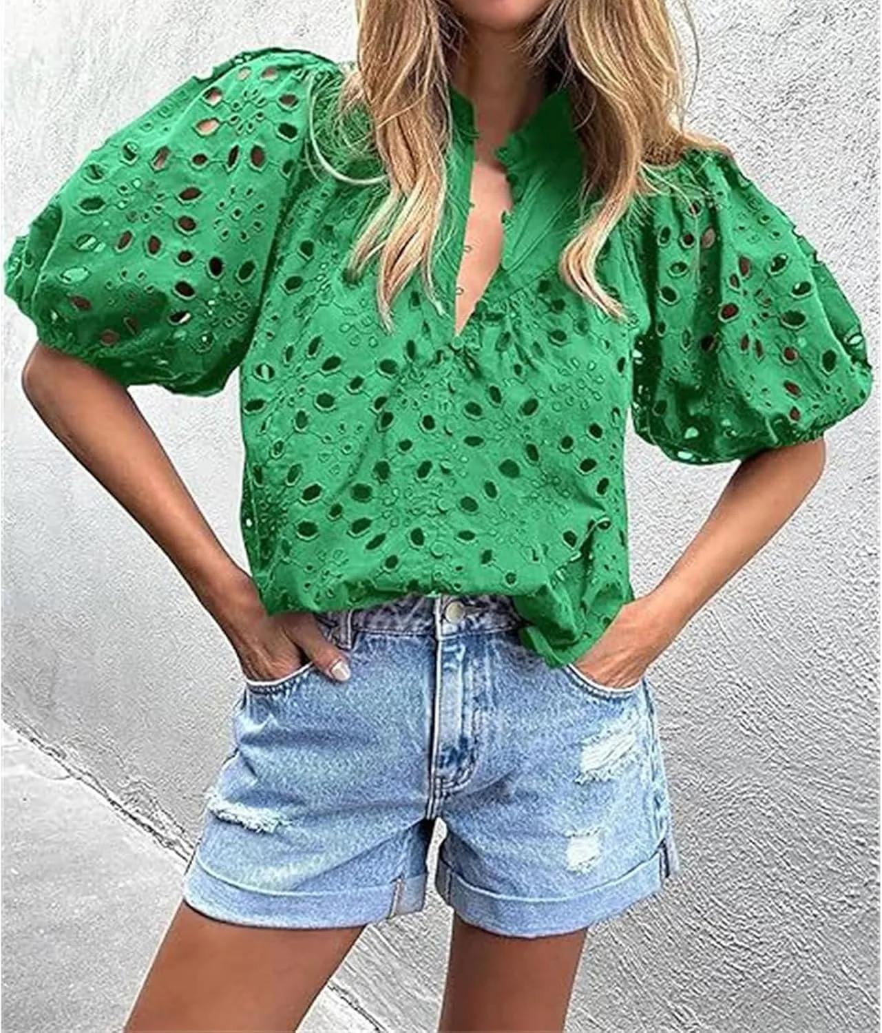 Women's Eyelet Tops Casual Puff Short Sleeve V Neck Tops Breathable Hollow Out Embroidered Shirts Button Down Shirts