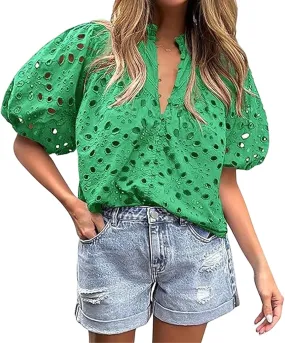 Women's Eyelet Tops Casual Puff Short Sleeve V Neck Tops Breathable Hollow Out Embroidered Shirts Button Down Shirts