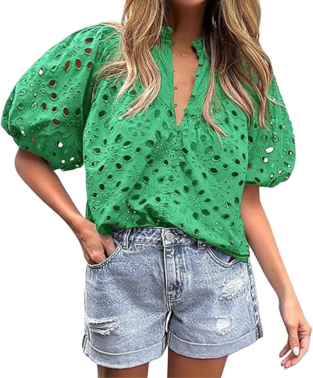 Women's Eyelet Tops Casual Puff Short Sleeve V Neck Tops Breathable Hollow Out Embroidered Shirts Button Down Shirts