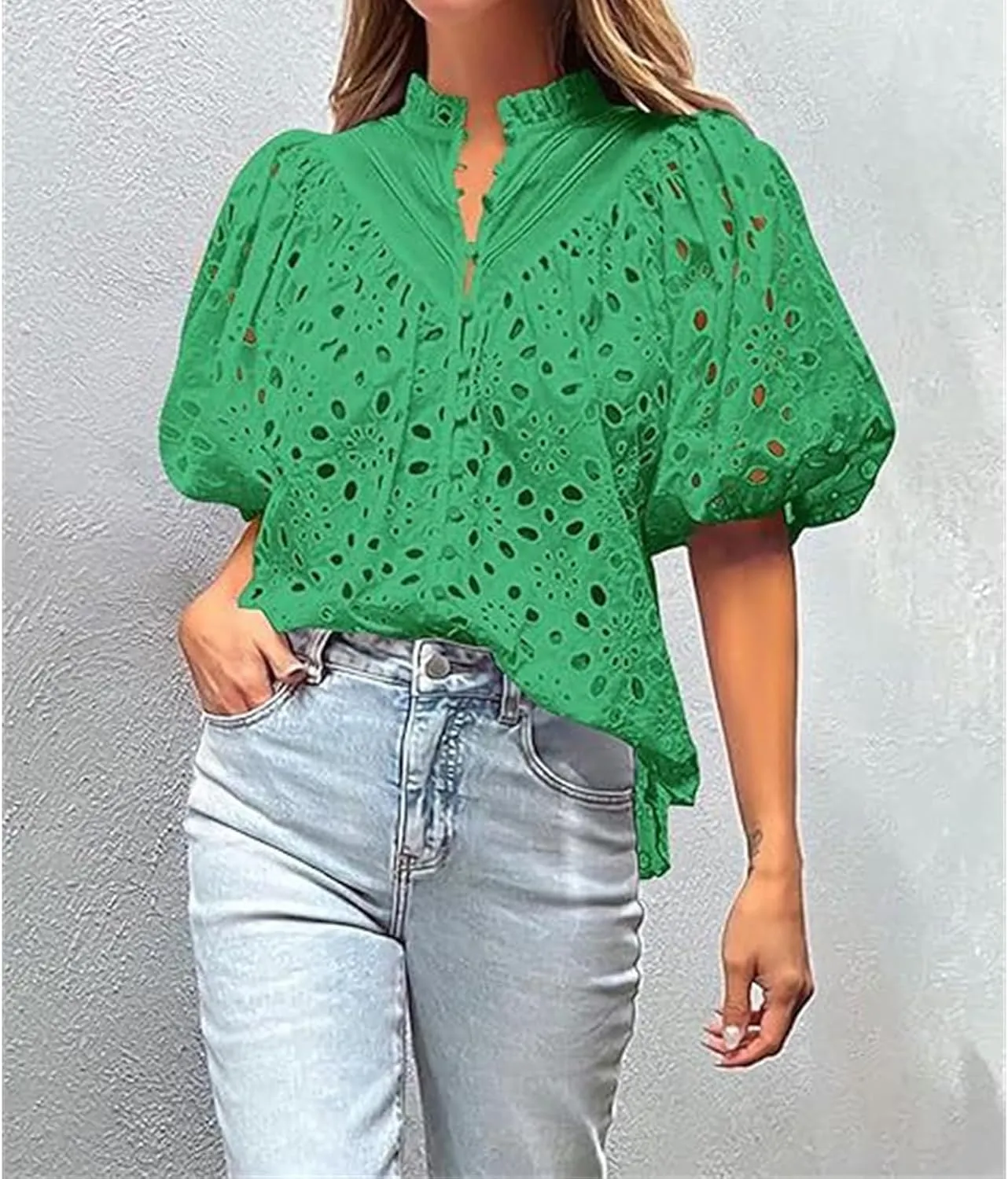 Women's Eyelet Tops Casual Puff Short Sleeve V Neck Tops Breathable Hollow Out Embroidered Shirts Button Down Shirts