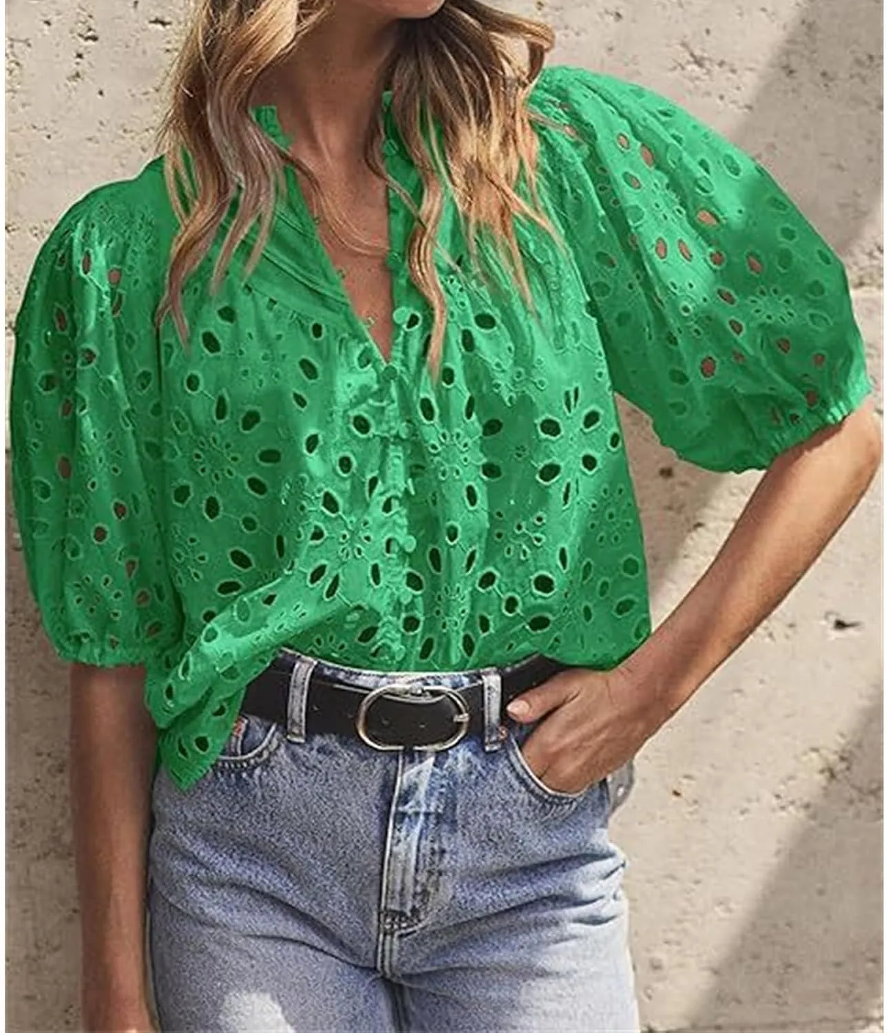 Women's Eyelet Tops Casual Puff Short Sleeve V Neck Tops Breathable Hollow Out Embroidered Shirts Button Down Shirts
