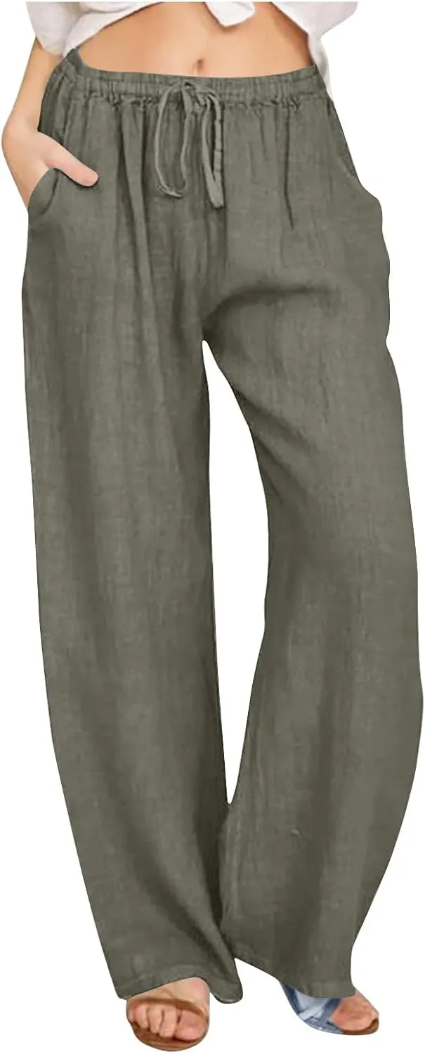 Womens Linen Pants Wed Leg Plus Size Lounge Trousers Drawstring Beach Palazzo Pants Spring Summer Cruise Outfits