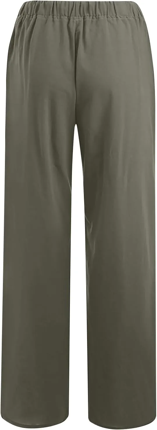 Womens Linen Pants Wed Leg Plus Size Lounge Trousers Drawstring Beach Palazzo Pants Spring Summer Cruise Outfits