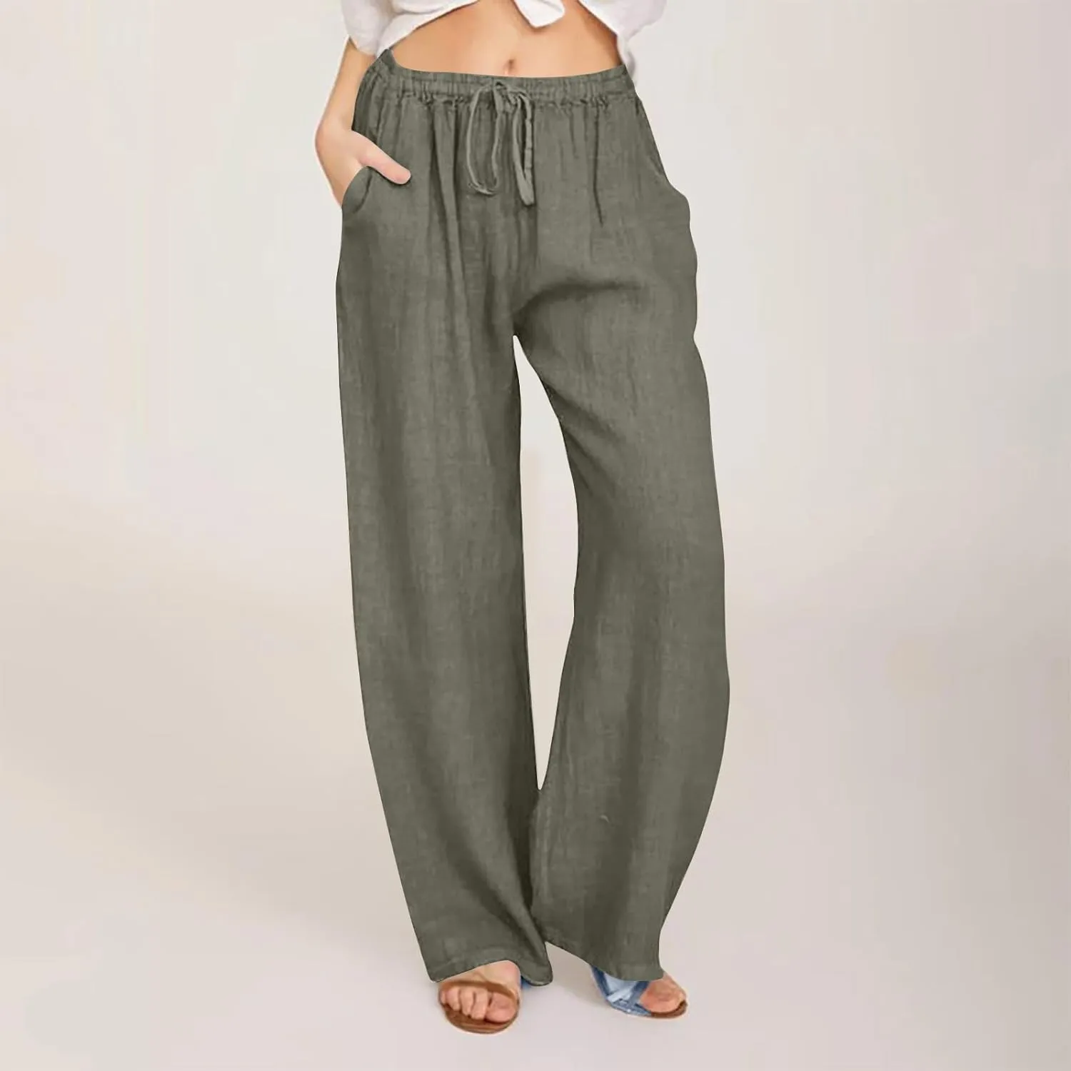 Womens Linen Pants Wed Leg Plus Size Lounge Trousers Drawstring Beach Palazzo Pants Spring Summer Cruise Outfits