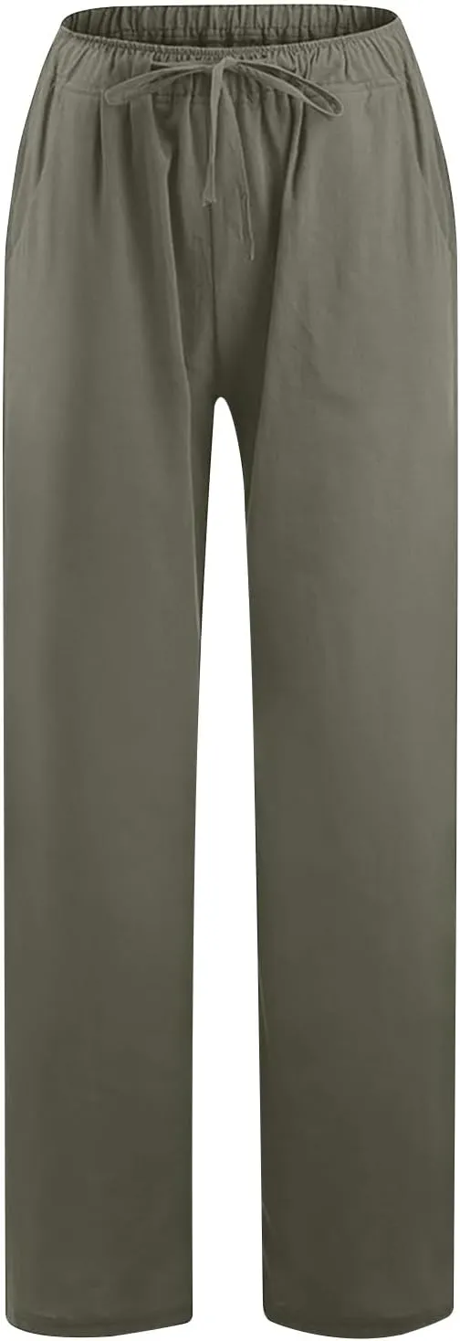 Womens Linen Pants Wed Leg Plus Size Lounge Trousers Drawstring Beach Palazzo Pants Spring Summer Cruise Outfits