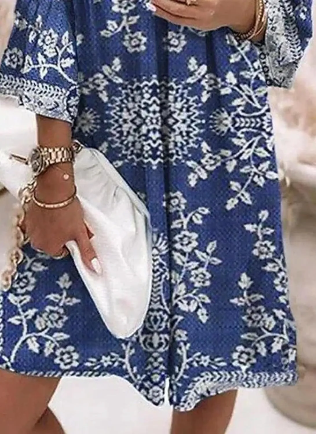 Women's Summer Dress Blue Floral Print Loose Fit V-Neck 3/4 Sleeve Casual Beach Mini Dress