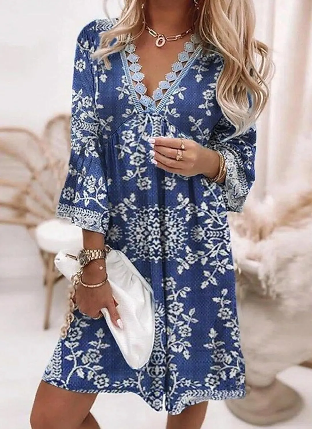 Women's Summer Dress Blue Floral Print Loose Fit V-Neck 3/4 Sleeve Casual Beach Mini Dress
