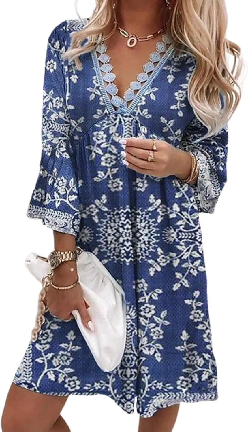 Women's Summer Dress Blue Floral Print Loose Fit V-Neck 3/4 Sleeve Casual Beach Mini Dress