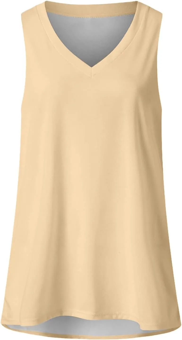 Women's Trendy Basic Tops V Neck Plus Size Blouse Tees Solid Color Comfort Long Tanks Sleeveless Pure T-Shirt Tees