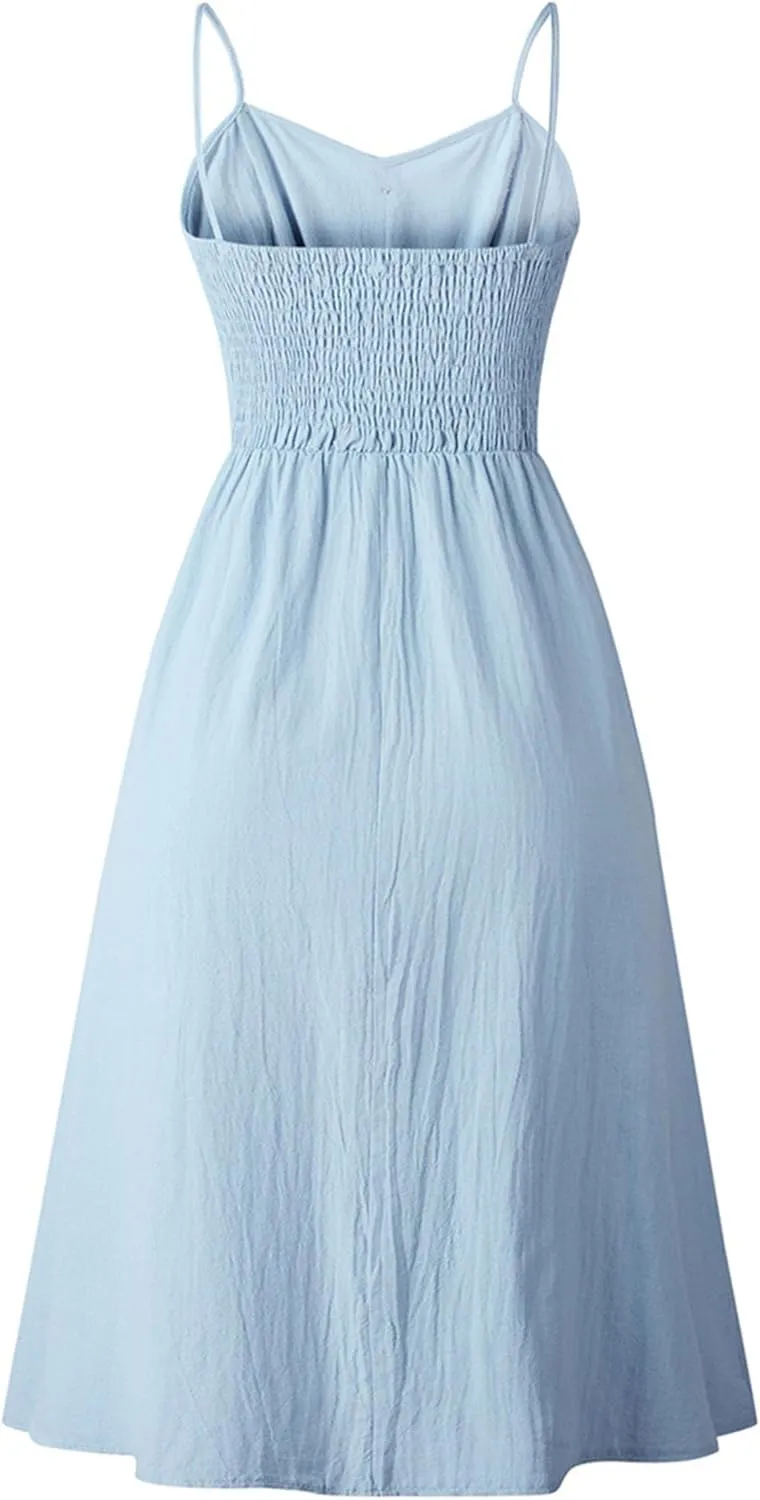 YMING Womens Summer Spaghetti Strap Dresses Button Down Floral Sundress High Waist Swing Midi Dress with Pockets