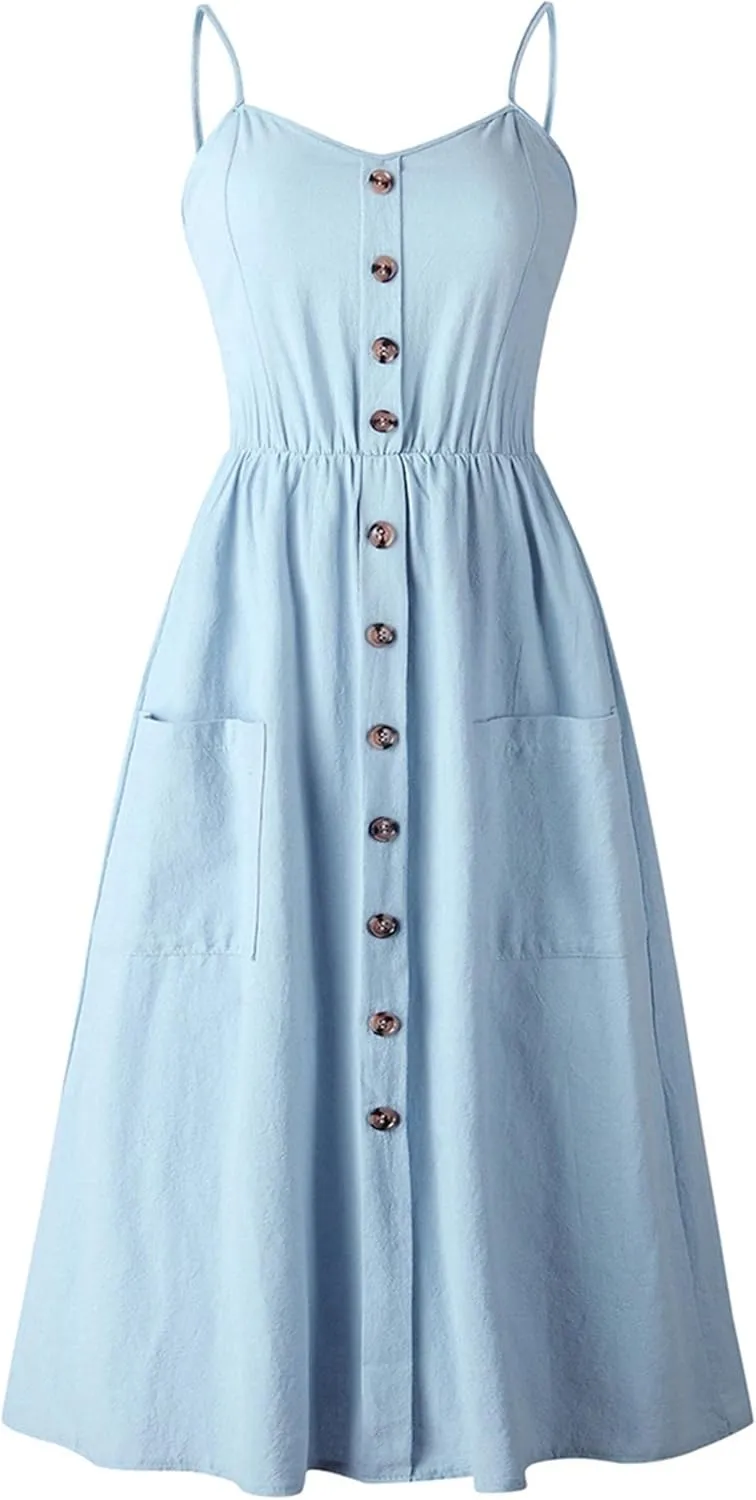 YMING Womens Summer Spaghetti Strap Dresses Button Down Floral Sundress High Waist Swing Midi Dress with Pockets