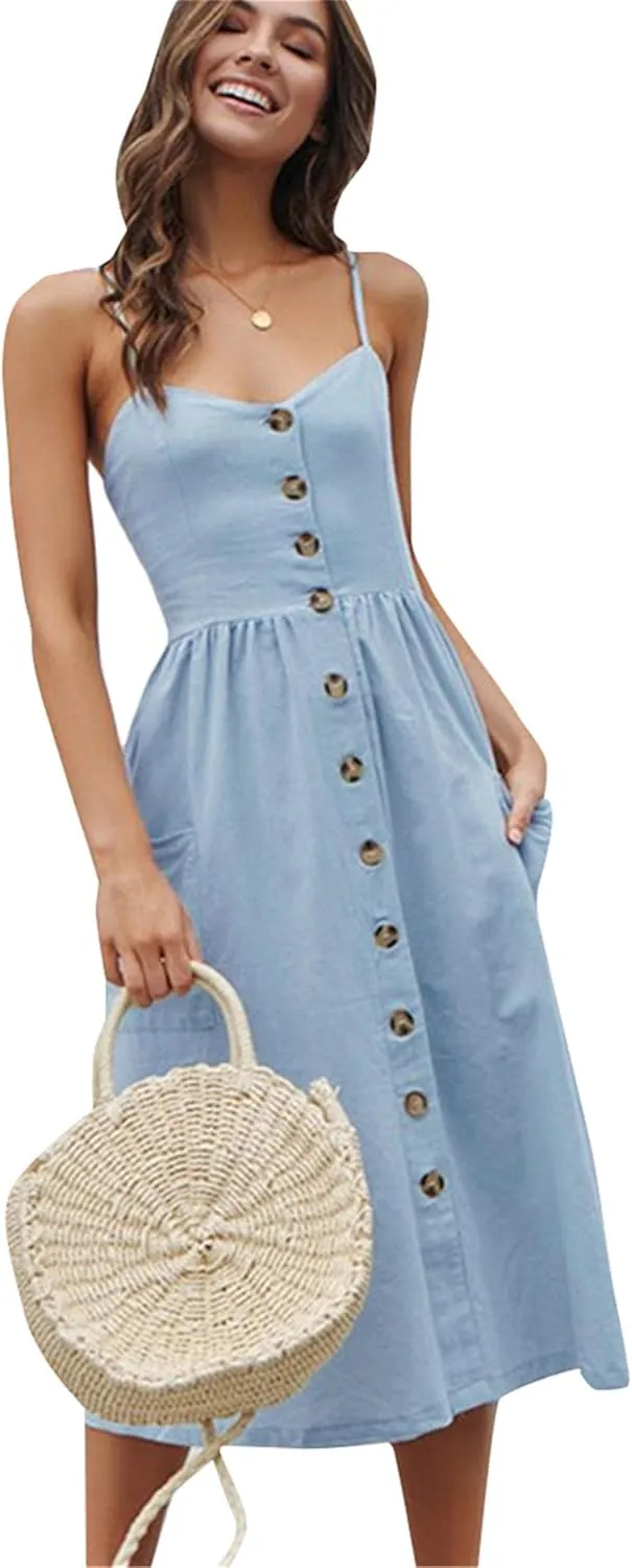 YMING Womens Summer Spaghetti Strap Dresses Button Down Floral Sundress High Waist Swing Midi Dress with Pockets