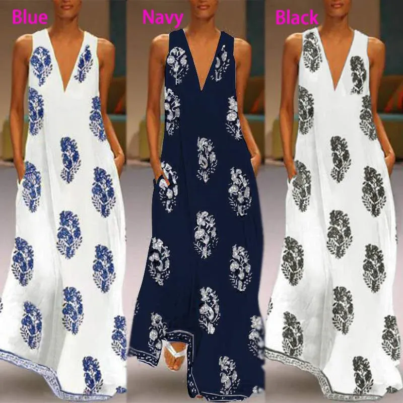 ZANZEA 2023 Bohemian Print Dress Women's Summer Sundress  Fashion Sexy V Neck Sleeveless Maxi Vestidos Female Floral Robe Femme