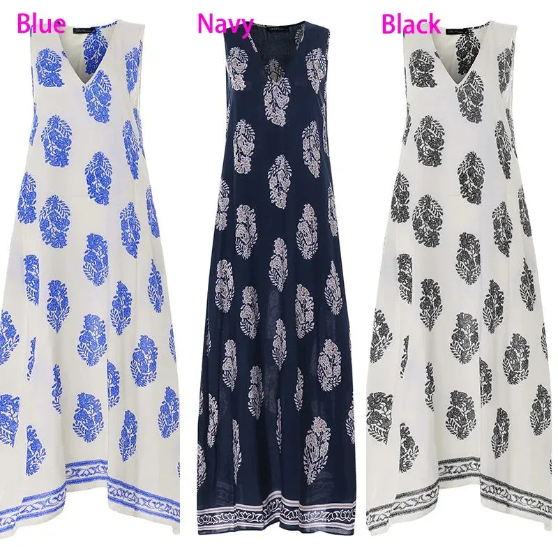 ZANZEA 2023 Bohemian Print Dress Women's Summer Sundress  Fashion Sexy V Neck Sleeveless Maxi Vestidos Female Floral Robe Femme