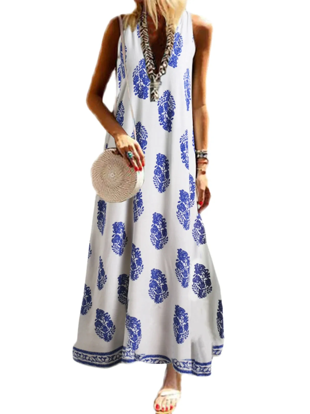 ZANZEA 2023 Bohemian Print Dress Women's Summer Sundress  Fashion Sexy V Neck Sleeveless Maxi Vestidos Female Floral Robe Femme