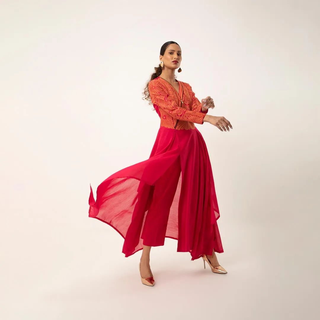 ZIPPERED V NECK CUTWORK ASSYMTRICAL KURTA WITH LINEN PANTS