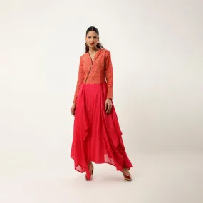 ZIPPERED V NECK CUTWORK ASSYMTRICAL KURTA WITH LINEN PANTS