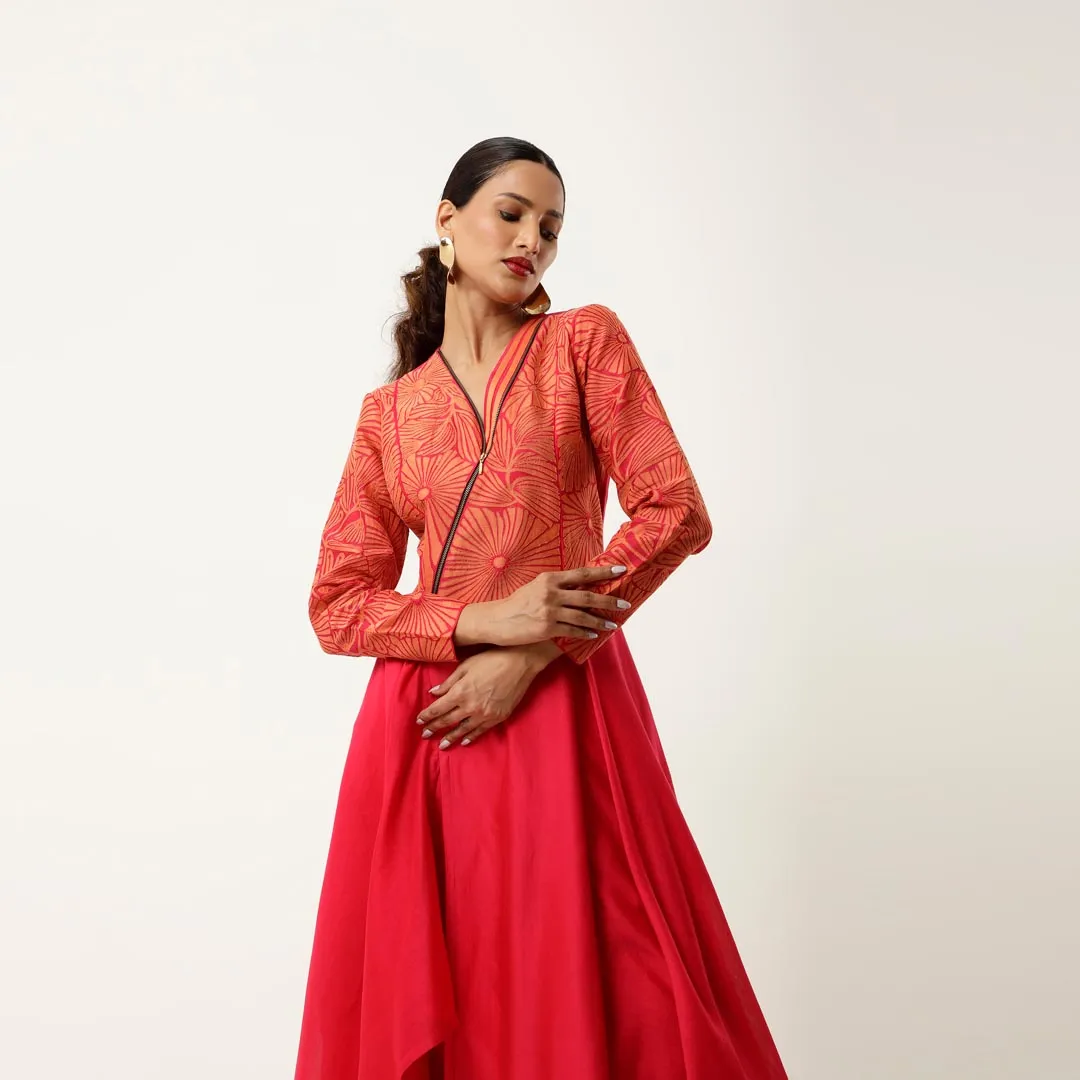ZIPPERED V NECK CUTWORK ASSYMTRICAL KURTA WITH LINEN PANTS
