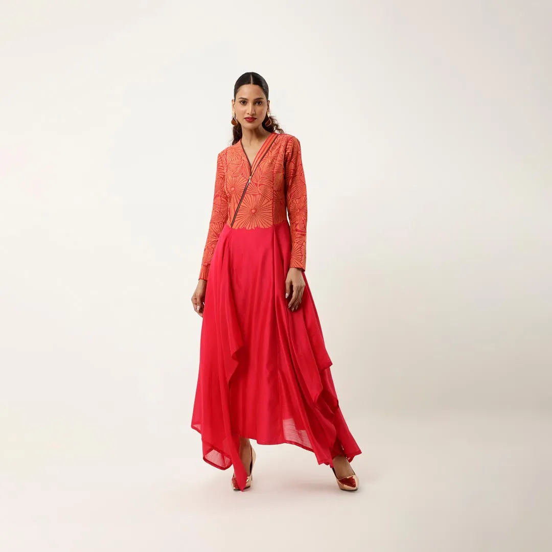 ZIPPERED V NECK CUTWORK ASSYMTRICAL KURTA WITH LINEN PANTS