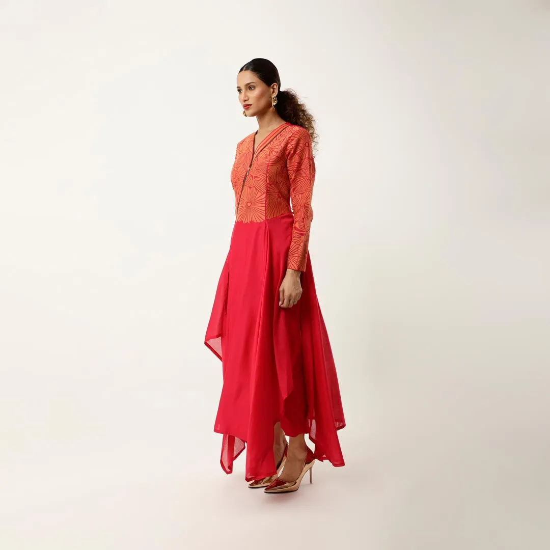 ZIPPERED V NECK CUTWORK ASSYMTRICAL KURTA WITH LINEN PANTS