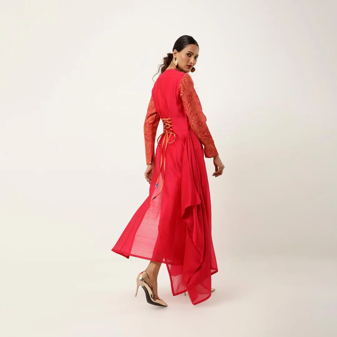 ZIPPERED V NECK CUTWORK ASSYMTRICAL KURTA WITH LINEN PANTS